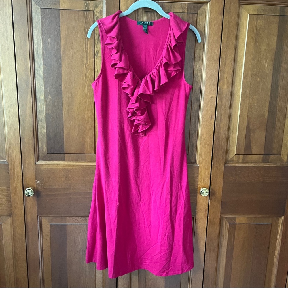 Lauren by Ralph Lauren stretchy cotton dress with ruffled neckline